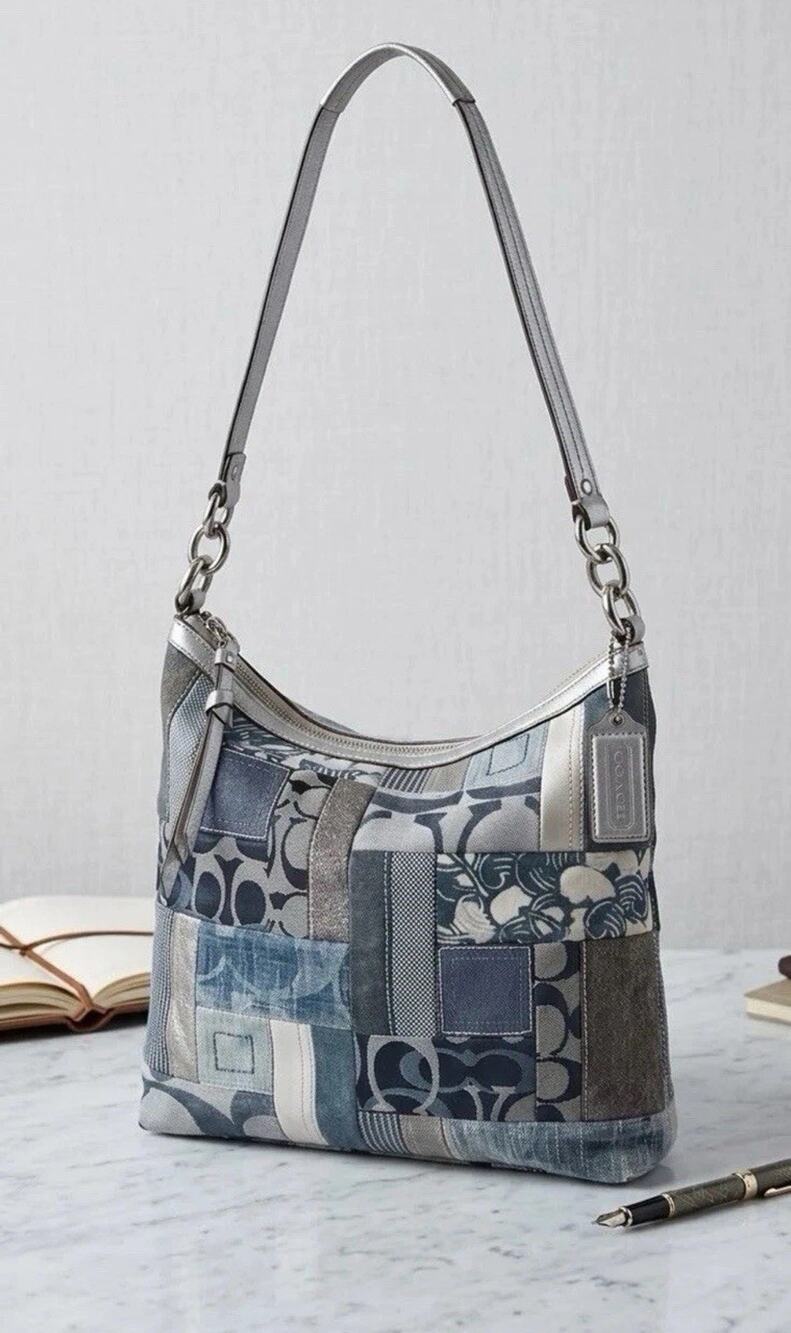 Vintage Coach Blue Denim Patchwork Hobo Shoulder Bag Metallic F13723 Y2K 2000’s
